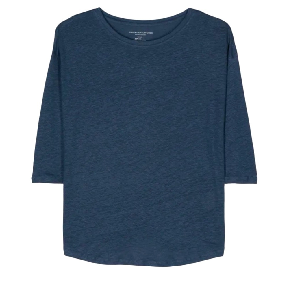 MAJESTIC FILATURES Deluxe Teeshirt Slub Linen Boatneck Elbow Sleeve Blue Size XL